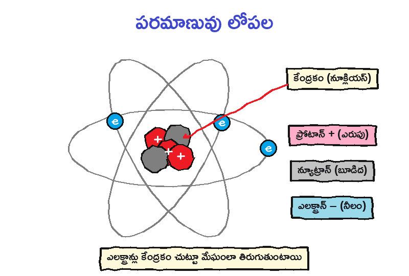 కేంద్రకంలో ప్రోటాన్లు, న్యూట్రాన్లు; చుట్టూ ఎలక్ట్రాన్లు తిరుగుతుంటాయి